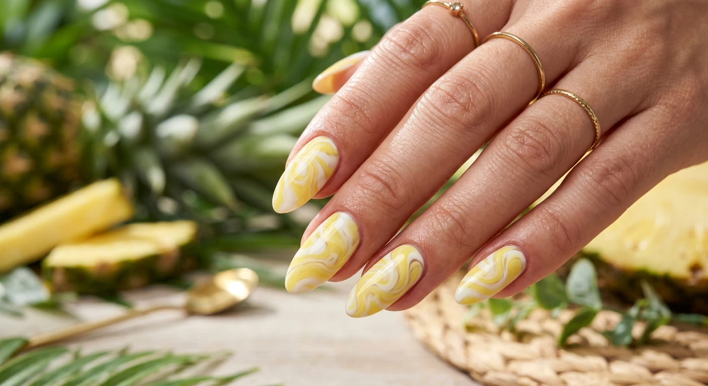 A beautiful macro photograph of one hand showing a Classic Piña Colada Swirl nail design in detail, featuring creamy coconut white and soft pineapple yellow swirling patterns. High-resolution, sharp focus on the nails. Aesthetic background of blurred tropical palm leaves and fresh sliced pineapple. Modern, Instagram-worthy photography style, natural sunlight. No faces visible, focus ONLY on the nails and hand., macro nail photography, high quality, Instagram-worthy, clean composition