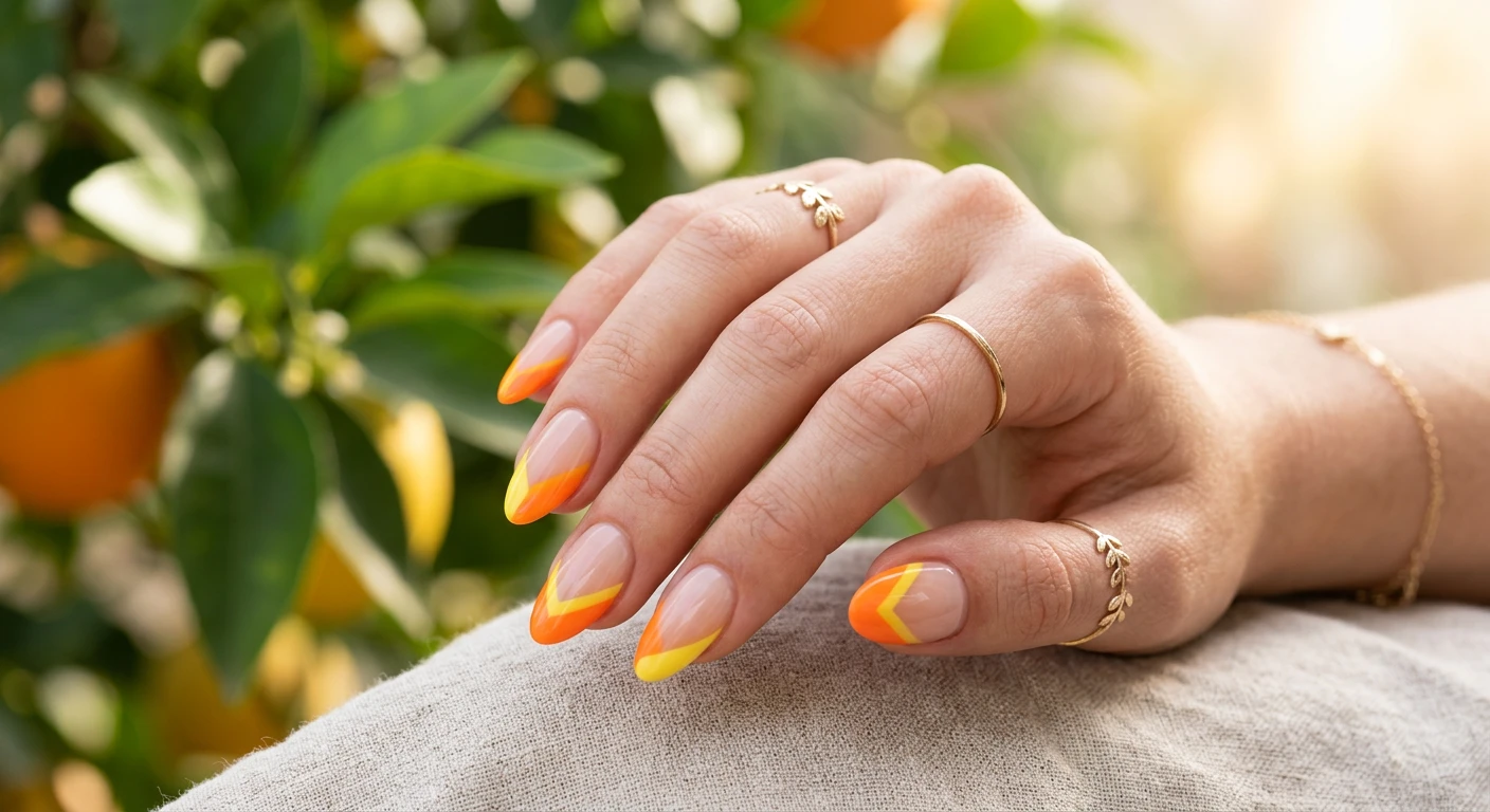 A beautiful macro photograph of one hand showing a vibrant, modern French manicure with flawless, glossy tangy tangerine and lemon yellow tips. High-resolution, sharp focus on the nails. The hand rests gracefully against a soft, sunlit background with subtle bokeh of green citrus tree leaves. Modern, Instagram-worthy photography style. No faces visible, focus ONLY on the nails and hand., macro nail photography, high quality, Instagram-worthy, clean composition