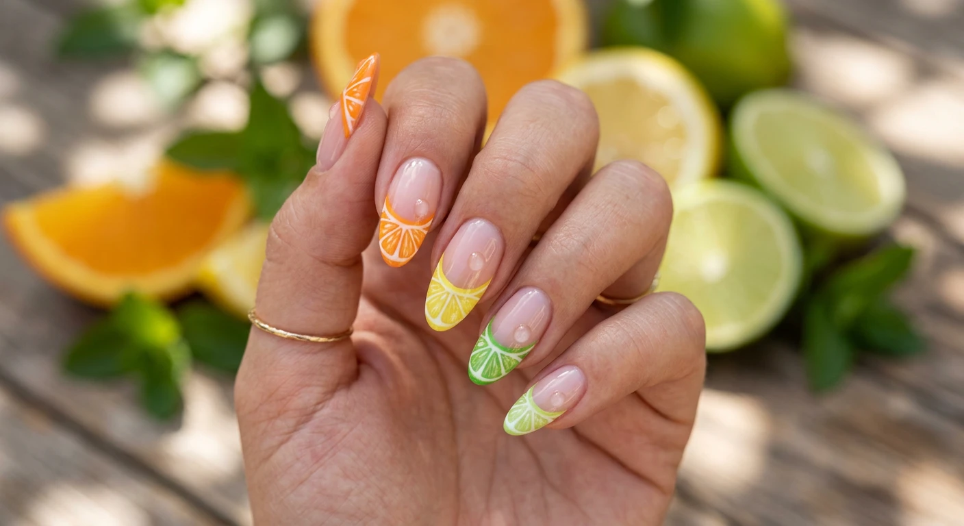 A beautiful macro photograph of one hand showing a nail design in detail. Medium-length almond shape nails with a sheer neutral pink base. The tips feature vibrant, hand-painted orange, lemon yellow, and lime green curved sections resembling citrus slices, complete with tiny white line details mimicking the pith and 3D clear gel droplets resembling fresh juice. High-resolution, sharp focus on the nails. Aesthetic background with blurred slices of fresh citrus fruits and dappled summer sunlight. Modern, Instagram-worthy photography style. No faces visible, focus ONLY on the nails and hand., macro nail photography, high quality, Instagram-worthy, clean composition