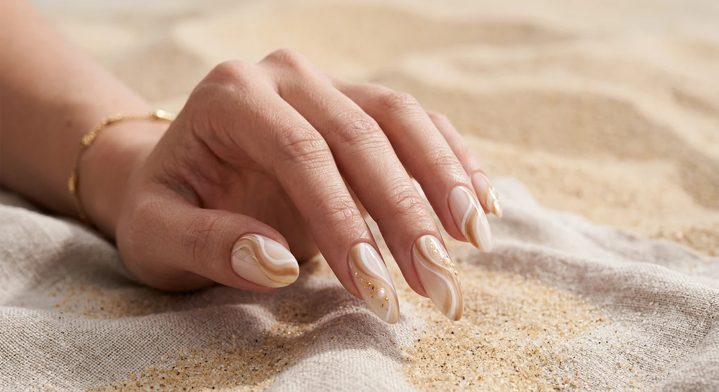 A beautiful macro photograph of one hand showing a nail design in detail. Medium-length almond nails featuring a semi-sheer, soft milky cream base with sweeping, abstract ribbons of warm sand, rich beige, and crisp white intertwining from the cuticle to the tip. Embedded delicate details near the lower quadrant. High-resolution, sharp focus on the nails. Aesthetic background of soft, sweeping sand dunes and neutral linen textures. Modern, Instagram-worthy photography style. No faces visible, focus ONLY on the nails and hand., macro nail photography, high quality, Instagram-worthy, clean composition
