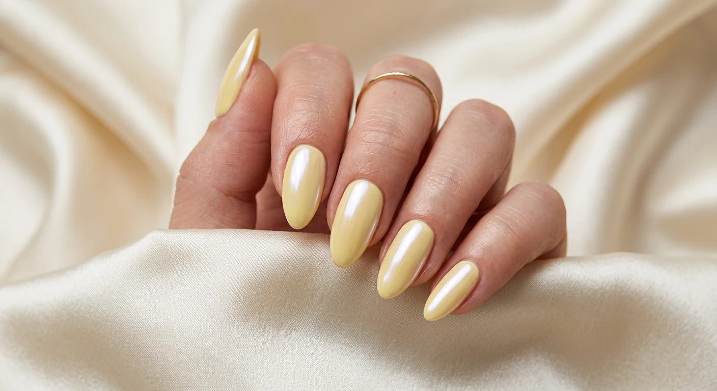 A beautiful macro photograph of one hand showing a nail design in detail. Medium almond shape nails featuring a solid pastel butter yellow base topped with a pearlescent white chrome powder, creating a glossy, highly reflective glazed donut finish. The look is fully opaque with a smooth, glowing, glass-like shine. Aesthetic background of draped, soft cream-colored silk. High-resolution, sharp focus on the nails, modern Instagram-worthy photography style, no faces visible, focus ONLY on the nails and hand., macro nail photography, high quality, Instagram-worthy, clean composition