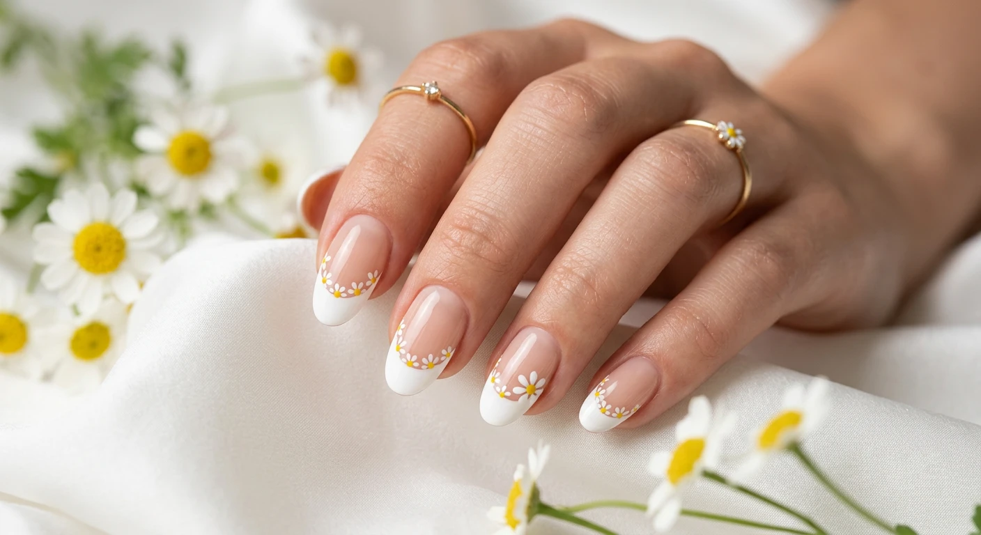 A beautiful macro photograph of one hand showing a medium-length nail design in detail, featuring classic white French tips enhanced with a delicate painted daisy twist along the smile lines. High-resolution, sharp focus on the nails. Aesthetic background of soft white silk fabric and gently blurred fresh chamomile flowers. Modern, Instagram-worthy photography style, bright lighting, no faces visible, focus ONLY on the nails and hand., macro nail photography, high quality, Instagram-worthy, clean composition