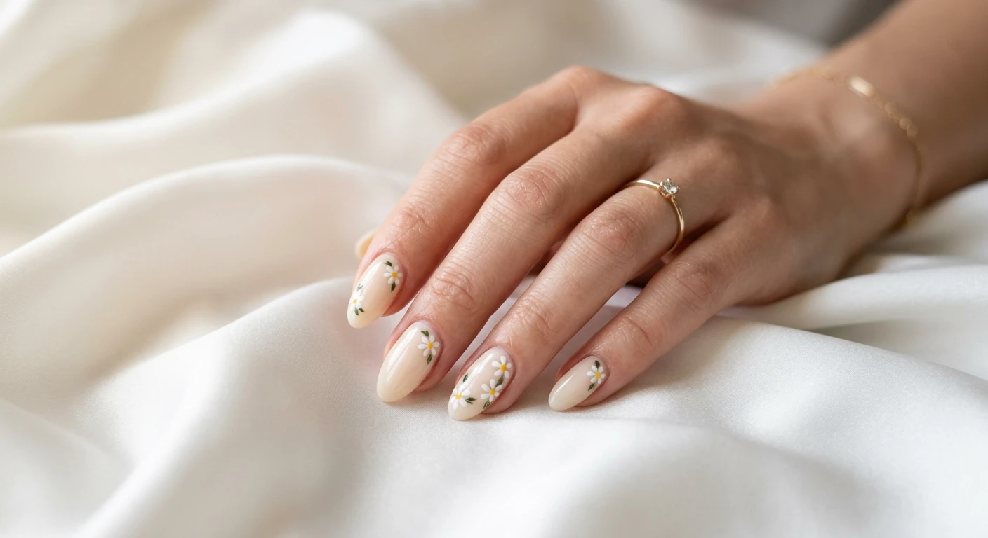 A beautiful macro photograph of one hand showing a minimalist nail design featuring a soft cream base with tiny, delicate white daisy micro-florals. High-resolution, sharp focus on the glossy nails. The hand is resting gently against an aesthetic background of draped soft white silk bathed in diffused morning light. Modern, Instagram-worthy photography style. No faces visible, focus ONLY on the nails and hand., macro nail photography, high quality, Instagram-worthy, clean composition