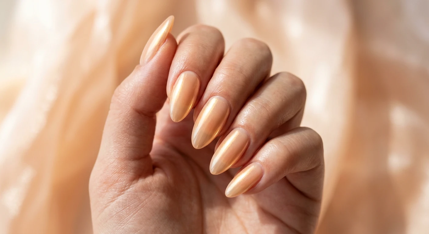 A beautiful macro photograph of one hand showing a nail design in detail, featuring medium-length almond nails with a sheer, milky peach base layered under a translucent pearl chrome powder finish. The ultra-glossy, luminous nails reflect a soft golden-peach light resembling a sweet pastry glaze. High-resolution, sharp focus on the nails. Aesthetic background of blurred, sunlit sheer peach silk. Modern, Instagram-worthy photography style. No faces visible, focus ONLY on the nails and hand., macro nail photography, high quality, Instagram-worthy, clean composition