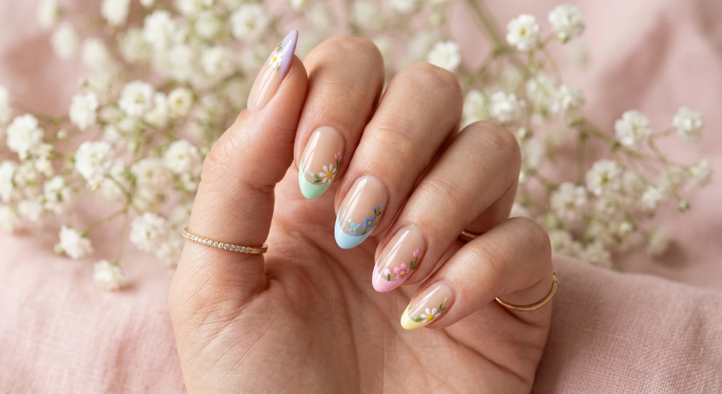 A beautiful macro photograph of one hand showing a Pastel Floral Micro-French nail design in detail. The nails feature a sheer beige base with ultra-thin pastel-colored tips, accented by tiny, intricate hand-painted spring flowers. High-resolution, sharp focus on the nails. The aesthetic background features beautifully blurred delicate baby's breath and soft pink linen. Modern, Instagram-worthy photography style with soft natural lighting. No faces visible, focus ONLY on the nails and hand., macro nail photography, high quality, Instagram-worthy, clean composition