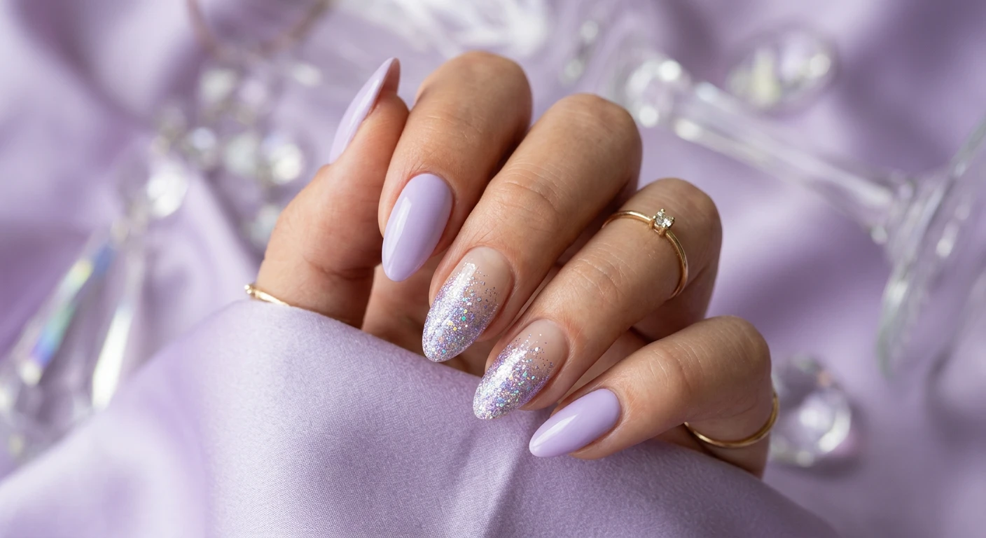 A beautiful macro photograph of one hand showing a pastel lavender nail design in detail. Medium-length almond shape nails. The thumb, index, and pinky fingers feature a solid, opaque pastel lavender polish. The middle and ring fingers are accent nails with a sheer beige base topped with a sparkling gradient of chunky, holographic silver and light purple glitter. High-resolution, sharp focus on the nails. Aesthetic background of draped soft lavender silk and blurred crystal prisms. Modern, Instagram-worthy photography style. No faces visible, focus ONLY on the nails and hand., macro nail photography, high quality, Instagram-worthy, clean composition