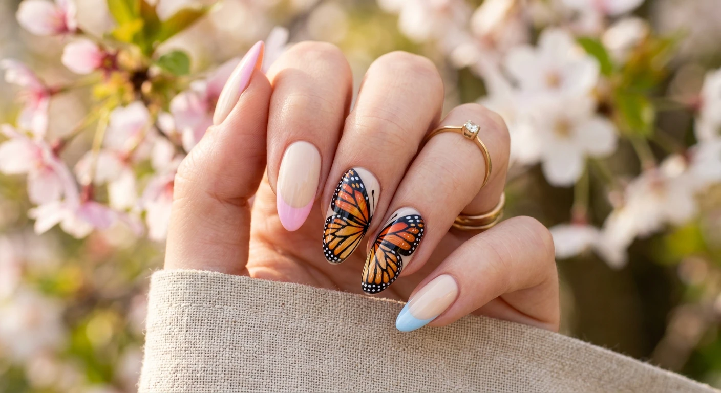 A beautiful macro photograph of one hand showing a nail design in detail, featuring a soft cream base fading into alternating pastel pink, baby blue, and mint green French tips. The ring and middle fingers display incredibly detailed, hand-painted orange and black monarch butterfly wings spanning across the two nails, complete with tiny white dot accents. High-resolution, sharp focus on the nails. Aesthetic background with soft spring sunlight and blurred pastel blooming branches. Modern, Instagram-worthy photography style. No faces visible, focus ONLY on the nails and hand., macro nail photography, high quality, Instagram-worthy, clean composition