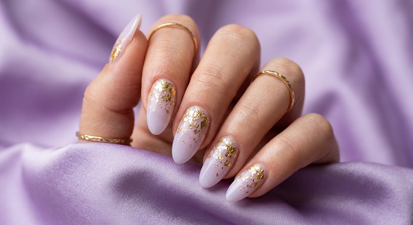A beautiful macro photograph of one hand showing a nail design in detail, featuring medium-length almond nails with a sheer, milky pastel lavender base. Scattered, irregular flakes of shiny gold foil are heavily concentrated near the cuticle line and cascade organically down the nail bed to create a delicate fading gradient effect. High-resolution, sharp focus on the nails, set against an aesthetic background of softly draped lavender silk. Modern, Instagram-worthy photography style. No faces visible, focus ONLY on the nails and hand., macro nail photography, high quality, Instagram-worthy, clean composition