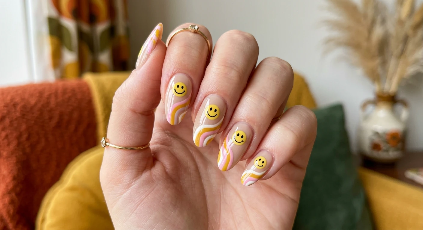 A beautiful macro photograph of one hand showing a detailed nail design featuring a vibrant mix of pastel pink and mustard yellow wavy swirls over a sheer neutral beige base coat. Each nail is accented with a perfectly round, classic yellow smiley face with black eyes and a wide grin positioned near the cuticle, finished with a high-gloss top coat. High-resolution, sharp focus on the nails. The background is a soft, aesthetic retro 70s-inspired setting with warm tones. Modern, Instagram-worthy photography style. No faces visible, focus ONLY on the nails and hand., macro nail photography, high quality, Instagram-worthy, clean composition