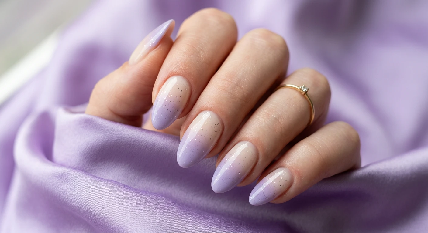 A beautiful macro photograph of one hand showing a nail design in detail, featuring a smooth, seamless ombre starting with a sheer, milky cream base at the cuticle melting into a soft, powdery pastel lavender at the tips. The nails are a medium-length almond shape with a high-shine glossy finish and a delicate sprinkle of silver micro-glitter. High-resolution, sharp focus on the nails. Aesthetic background of soft draped lavender silk. Modern, Instagram-worthy photography style. No faces visible, focus ONLY on the nails and hand., macro nail photography, high quality, Instagram-worthy, clean composition