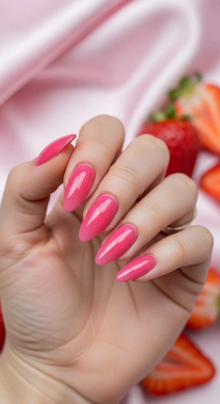 A beautiful macro photograph of one hand showing a Strawberry Glaze Jelly nail design in detail. The nails are filed into a medium-length almond shape and feature a vibrant, translucent cool-toned pink base resembling fresh strawberry syrup or tinted lip oil. They are flawlessly smooth with no extra patterns and coated in an ultra-glossy, high-shine glass-like top coat. High-resolution, sharp focus on the nails. Aesthetic background featuring softly draped pastel pink silk and subtle blurred hints of fresh sliced strawberries. Modern, Instagram-worthy photography style. No faces visible, focus ONLY on the nails and hand., macro nail photography, high quality, Instagram-worthy, clean composition