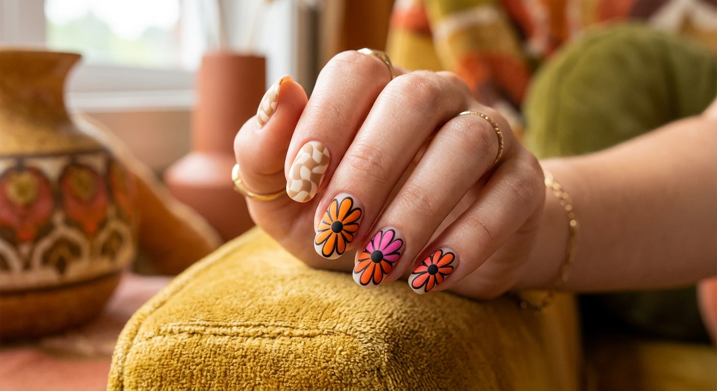 A beautiful macro photograph of one hand showing a nail design in detail, featuring a matte sheer cream base. Two fingers display a wavy, hand-painted tan and white checkerboard pattern, while the remaining three fingers showcase oversized, chunky daisy petals in vibrant tangerine orange and hot pink, outlined in bold black. High-resolution, sharp focus on the nails. Modern, Instagram-worthy photography style against an aesthetic retro 70s-inspired background with soft warm tones. No faces visible, focus ONLY on the nails and hand., macro nail photography, high quality, Instagram-worthy, clean composition