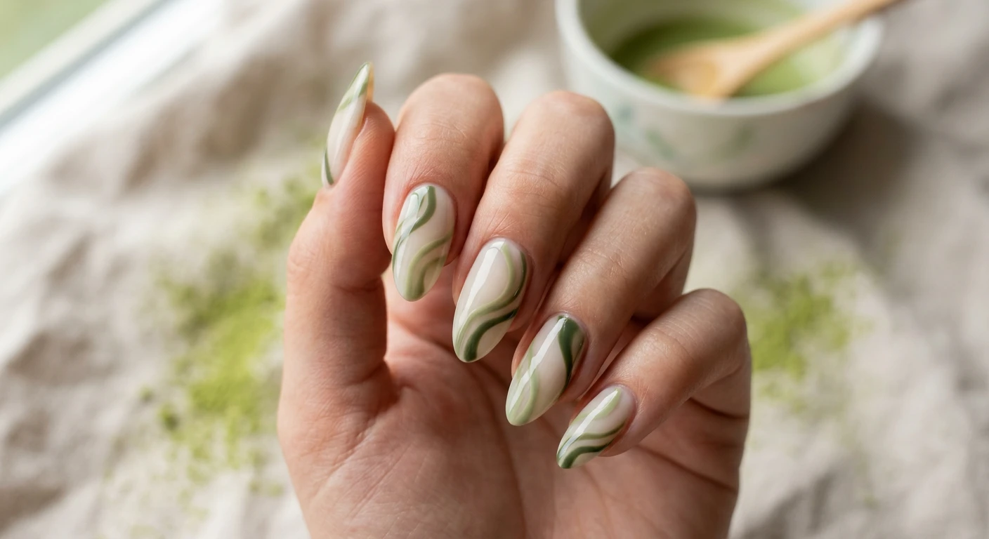 A beautiful macro photograph of one hand showing a detailed nail design, high-resolution and sharp focus on medium-length almond shaped nails. The base color is a sheer, milky cream polish layered with flowing swirls in two to three varying shades of earthy matcha green, starting thin near the cuticle and varying in thickness. Modern, Instagram-worthy photography style. Aesthetic background featuring soft neutral linen and subtly scattered matcha powder. No faces visible, focus ONLY on the nails and hand., macro nail photography, high quality, Instagram-worthy, clean composition