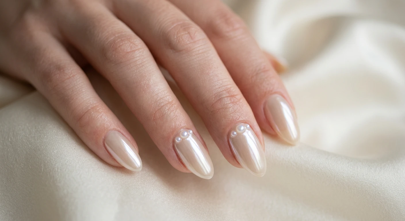 A beautiful macro photograph of one hand showing a nail design in detail, featuring almond-shaped nails with a sheer, milky beige base topped with a pearlescent chrome powder finish. Three tiny, iridescent micro-pearls are placed at the cuticle line of the ring and middle fingers. The glossy, luminous nails softly reflect natural light. High-resolution, sharp focus on the nails, set against an aesthetic soft draped silk background. Modern, Instagram-worthy photography style, no faces visible, focus ONLY on the nails and hand., macro nail photography, high quality, Instagram-worthy, clean composition