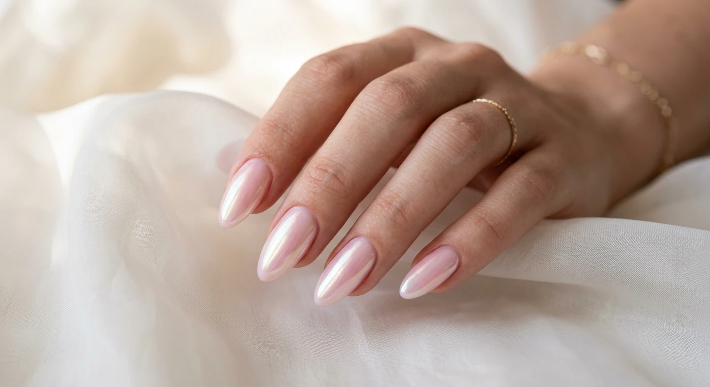 A beautiful macro photograph of one hand showing a nail design in detail, featuring a soft, translucent bubble bath pink base covered with a fine, pearlescent white chrome powder overlay that creates a luminous, glazed donut iridescent reflection. Styled on medium-length, perfectly tapered almond nails with an ultra-glossy, glass-like finish. High-resolution, sharp focus on the nails. Aesthetic background with draped sheer white silk and soft natural morning light. Modern, Instagram-worthy photography style. No faces visible, focus ONLY on the nails and hand., macro nail photography, high quality, Instagram-worthy, clean composition