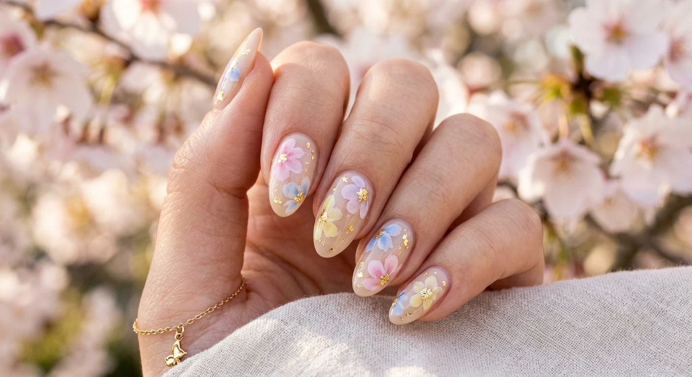 A beautiful macro photograph of one hand showing a Pastel Watercolor Florals nail design in detail. The nails feature a glossy, sheer beige base coat with soft, diffused watercolor petals in baby pink, powder blue, and buttery pastel yellow, accented by tiny, irregular flecks of reflective gold foil pressed into the center of each flower. High-resolution, sharp focus on the nails. Aesthetic background of soft spring sunlight and blurred pastel cherry blossoms. Modern, Instagram-worthy photography style. No faces visible, focus ONLY on the nails and hand., macro nail photography, high quality, Instagram-worthy, clean composition