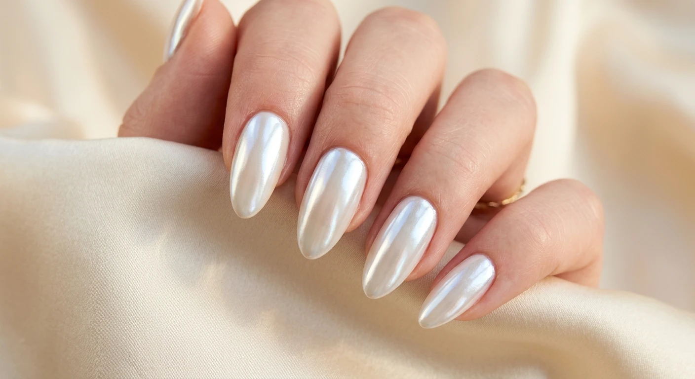 A beautiful macro photograph of one hand showing a nail design in detail, featuring elegant, medium-length almond-shaped nails. The manicure has a warm, milky cream base completely covered in a high-shine pearlescent white chrome powder, creating a luminous, glazed, and iridescent finish that reflects pale silver and bright white light. Aesthetic background of soft, draped cream silk catching warm morning sunlight. High-resolution, sharp focus on the nails, modern Instagram-worthy photography style. No faces visible, focus ONLY on the nails and hand., macro nail photography, high quality, Instagram-worthy, clean composition