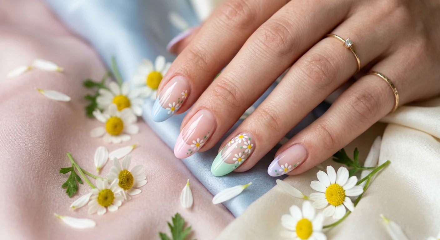 A beautiful macro photograph of one hand showing a delicate nail design in detail, featuring pastel daisy French tips with soft baby blue, blush pink, and mint green tips adorned with hand-painted white daisies. High-resolution, sharp focus on the nails. Aesthetic background of soft pastel silk fabric and gently scattered fresh daisy petals. Modern, Instagram-worthy photography style. No faces visible, focus ONLY on the nails and hand., macro nail photography, high quality, Instagram-worthy, clean composition