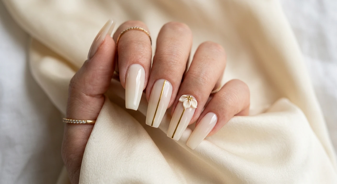 A beautiful macro photograph of one hand showing a minimalist nail design in detail. Long coffin shaped nails painted in a soft, semi-sheer cream base color. An ultra-thin metallic gold stripe runs vertically down the center of the ring finger and the middle finger. At the base of the cuticle on the ring finger sits a small, hand-sculpted 3D flower featuring three delicate petals. High-resolution, sharp focus on the nails. Aesthetic background featuring draped, soft cream silk fabric to match the minimalist theme. Modern, Instagram-worthy photography style. No faces visible, focus ONLY on the nails and hand., macro nail photography, high quality, Instagram-worthy, clean composition