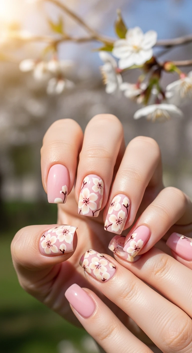 A beautiful macro photograph of one hand showing a classic pastel pink and cream sakura nail design in detail. The nails feature a soft, baby pink base adorned with delicate, hand-painted cream-colored cherry blossoms. High-resolution, sharp focus on the glossy nails. The aesthetic background is a softly blurred, sunlit spring garden with real cherry blossom branches. Modern, Instagram-worthy photography style. No faces visible, focus ONLY on the nails and hand., macro nail photography, high quality, Instagram-worthy, clean composition