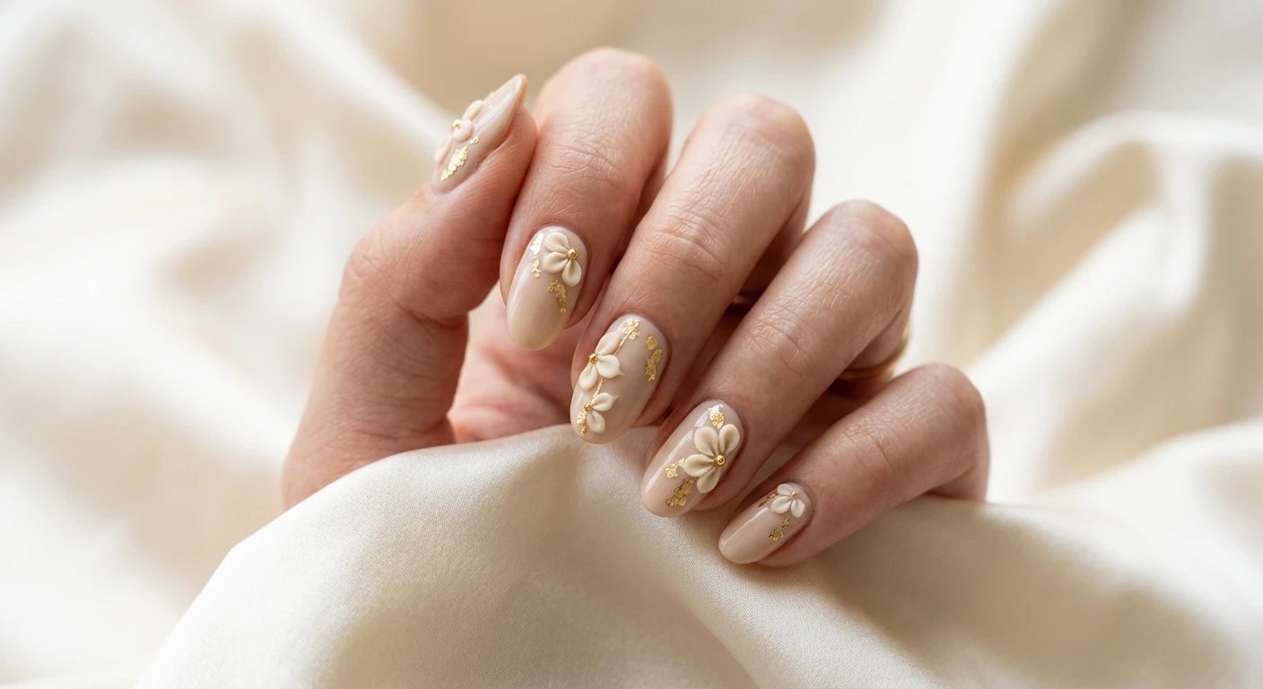 A beautiful macro photograph of one hand showing a nail design in detail: a soft beige base adorned with minimalist 3D cream petals and delicate gold leaf flakes. High-resolution, sharp focus on the nails. The hand is gently posed against a softly blurred background of luxurious cream-colored silk fabric. Modern, Instagram-worthy photography style with soft, diffused natural lighting. No faces visible, focus ONLY on the nails and hand., macro nail photography, high quality, Instagram-worthy, clean composition