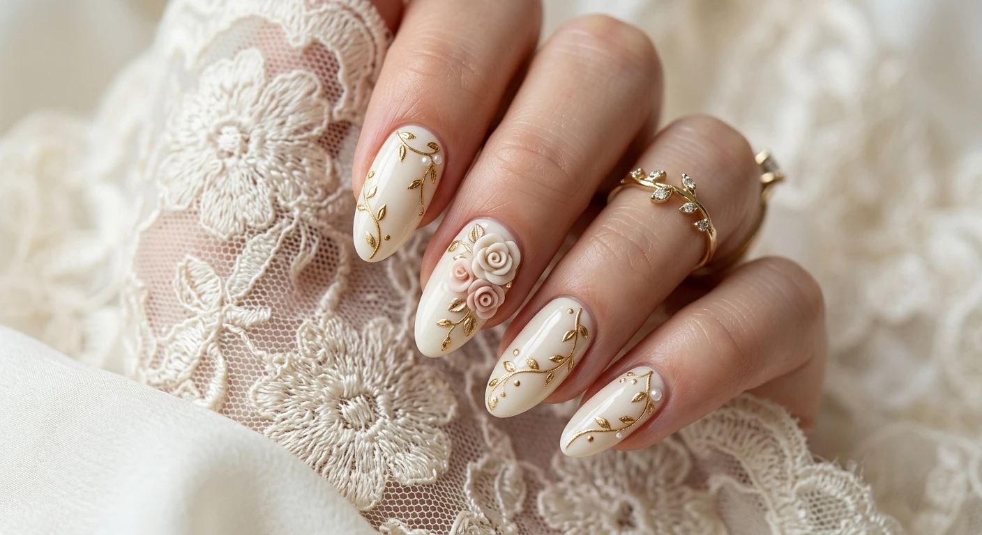 A beautiful macro photograph of one hand showing a classic cream base nail design featuring delicate trailing gold vines and intricately sculpted 3D roses. High-resolution, sharp focus on the nails. The hand rests gracefully against an aesthetic background of soft ivory silk and vintage lace. Modern, Instagram-worthy bridal photography style, with soft natural lighting. No faces visible, focus ONLY on the nails and hand., macro nail photography, high quality, Instagram-worthy, clean composition