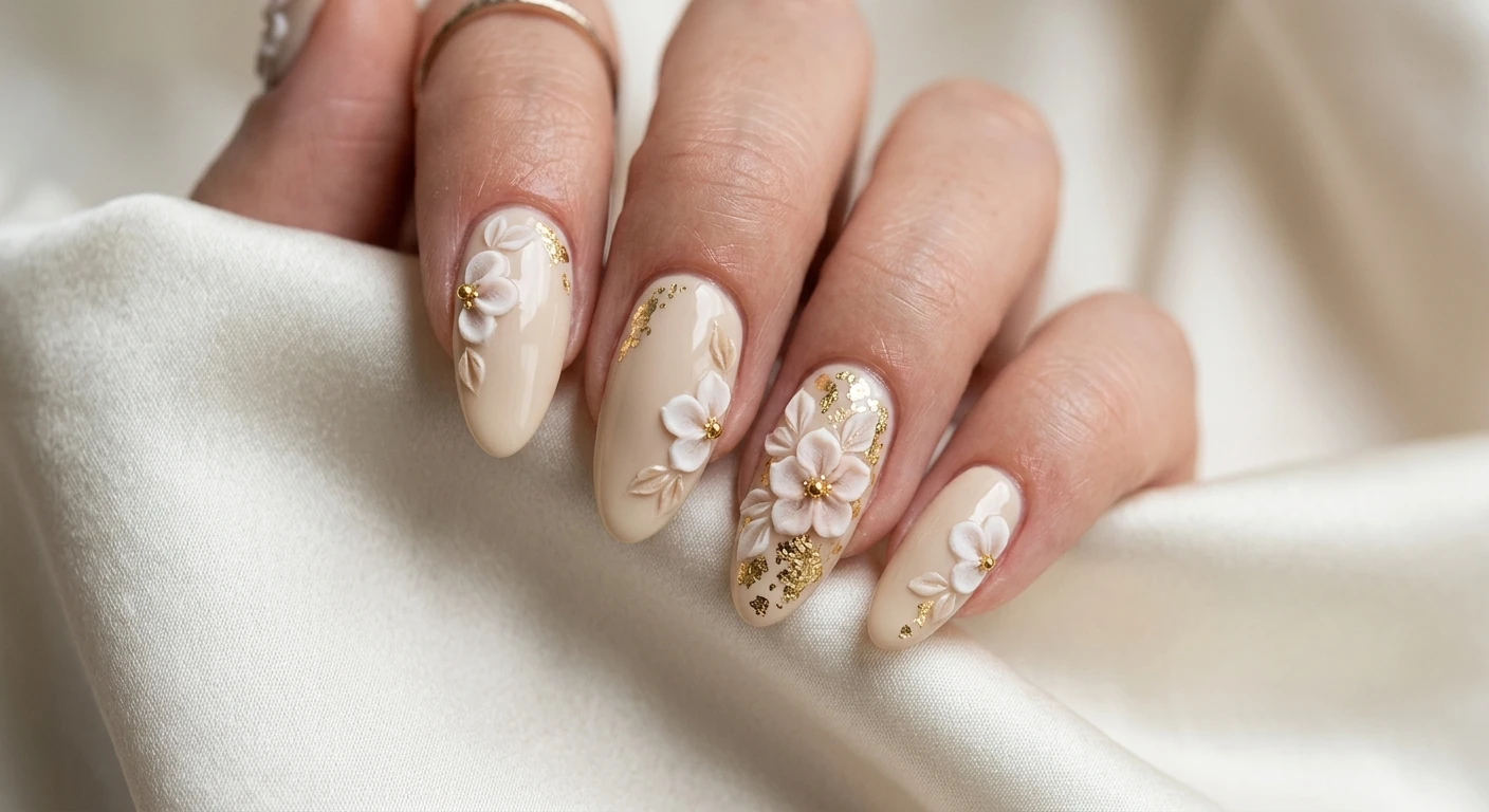 A beautiful macro photograph of one hand showing a nail design in detail, featuring an opaque, creamy beige gel polish flawlessly structured with delicate sculpted blossoms and scattered gold foil. High-resolution, sharp focus on the nails. Aesthetic soft ivory silk background to complement the classic theme. Modern, Instagram-worthy photography style. No faces visible, focus ONLY on the nails and hand., macro nail photography, high quality, Instagram-worthy, clean composition