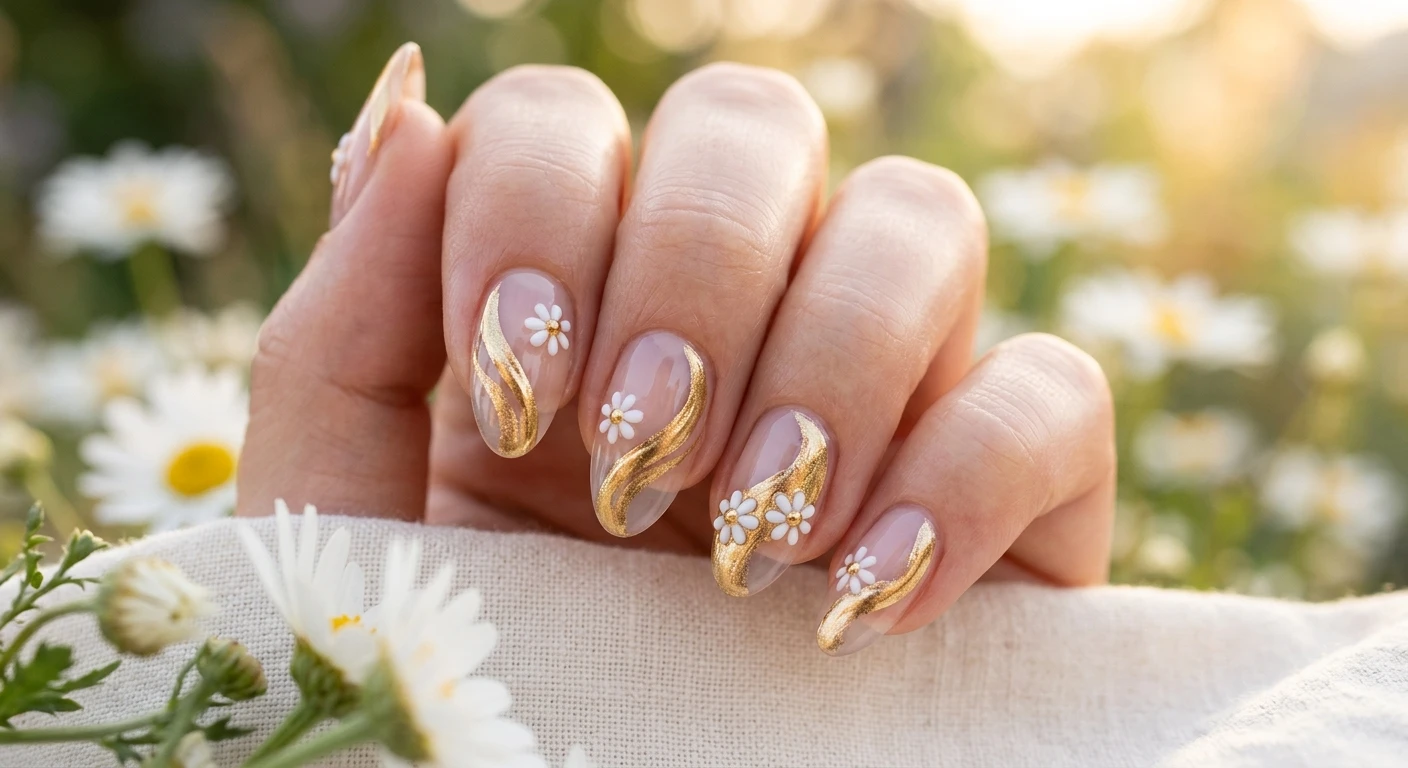 A beautiful macro photograph of one hand showing a detailed nail design. High-resolution, sharp focus on the nails featuring a completely clear, glossy transparent base with sweeping, abstract swooshes of fluid metallic gold foil traveling diagonally across the negative space, accented by delicate 3D daisy embellishments. Modern, Instagram-worthy photography style. Aesthetic background featuring softly blurred white daisies and warm, glowing sunlight. No faces visible, focus ONLY on the nails and hand., macro nail photography, high quality, Instagram-worthy, clean composition