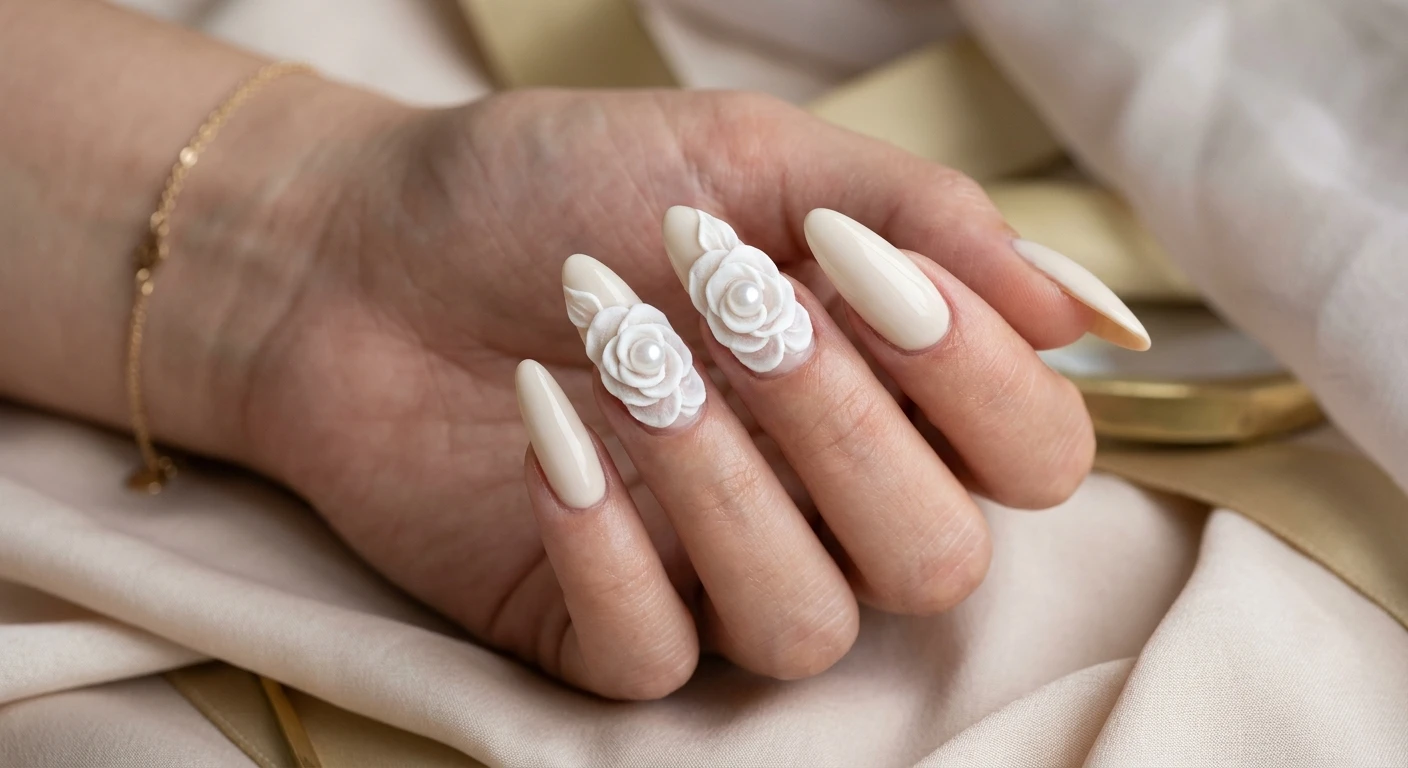 A beautiful macro photograph of one hand showing a detailed nail design, featuring long, tapered almond nails painted in a creamy off-white beige. The middle and ring fingers showcase large, fully bloomed 3D white acrylic roses with elegantly curling petals and a single lustrous pearl nestled in the center of each. High-resolution, sharp focus on the nails, set against an aesthetic background of soft, pale silk and muted gold accents. Modern, Instagram-worthy photography style, no faces visible, focus ONLY on the nails and hand., macro nail photography, high quality, Instagram-worthy, clean composition