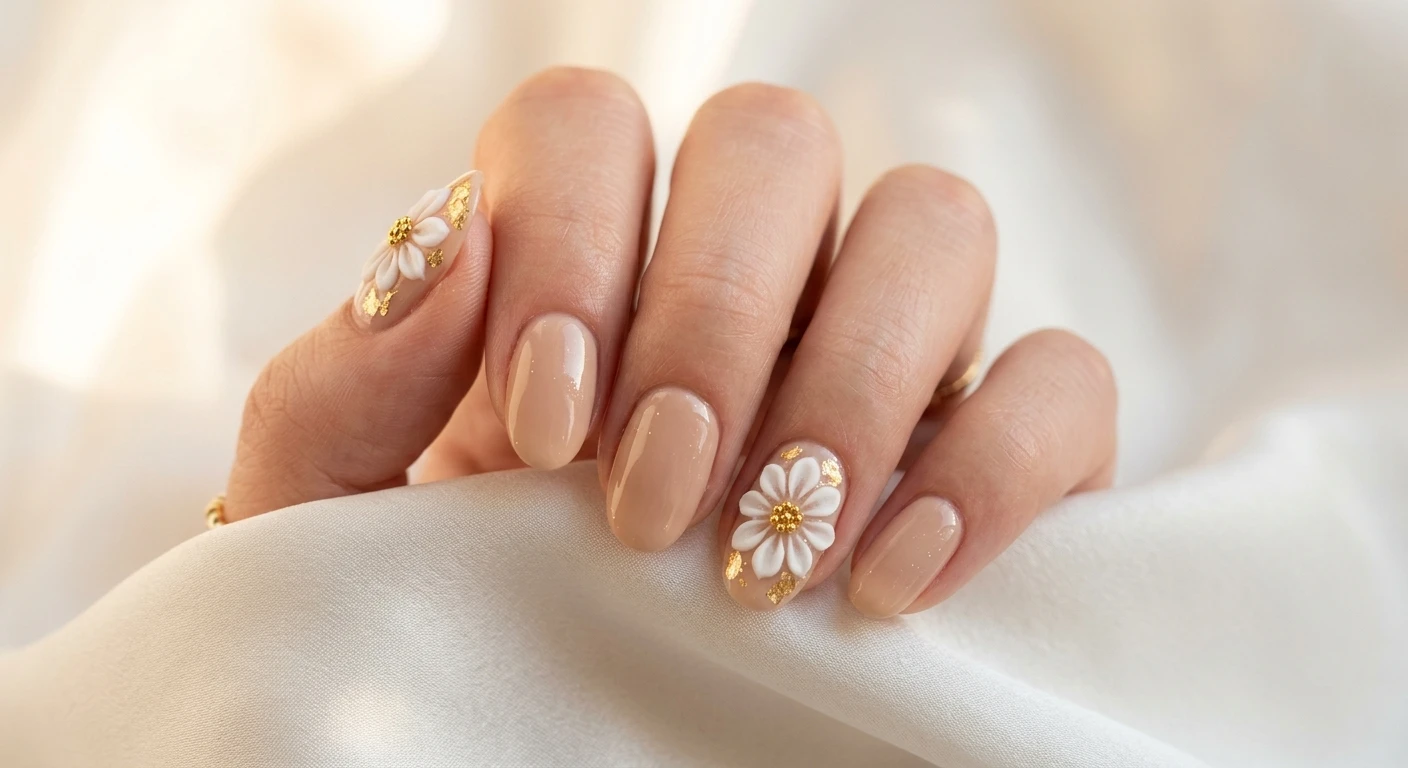 A beautiful macro photograph of one hand showing a nail design in detail, featuring a soft, warm beige base polish with a flawless high-gloss gel finish. The ring finger and thumb showcase delicate, raised 3D acrylic daisy petals with tiny gold caviar beads in the center and scattered sheer gold foil flakes. High-resolution, sharp focus on the nails. Modern, Instagram-worthy photography style. Aesthetic background of soft white silk and subtle golden morning light. No faces visible, focus ONLY on the nails and hand., macro nail photography, high quality, Instagram-worthy, clean composition