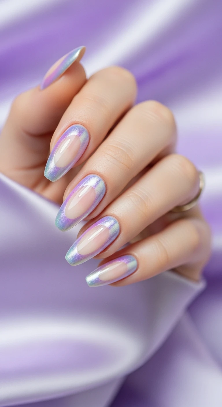 A beautiful macro photograph of one hand showing a nail design in detail, featuring medium-length almond-shaped nails. The design showcases a soft cream base fading into a vibrant pastel lilac purple center using a diffused, airbrushed aura effect, entirely topped with an iridescent pearlescent chrome powder finish. The hand is elegantly posed against an aesthetic background of soft, blurred lavender silk fabric. High-resolution, sharp focus on the nails, modern, Instagram-worthy photography style. No faces visible, focus ONLY on the nails and hand., macro nail photography, high quality, Instagram-worthy, clean composition