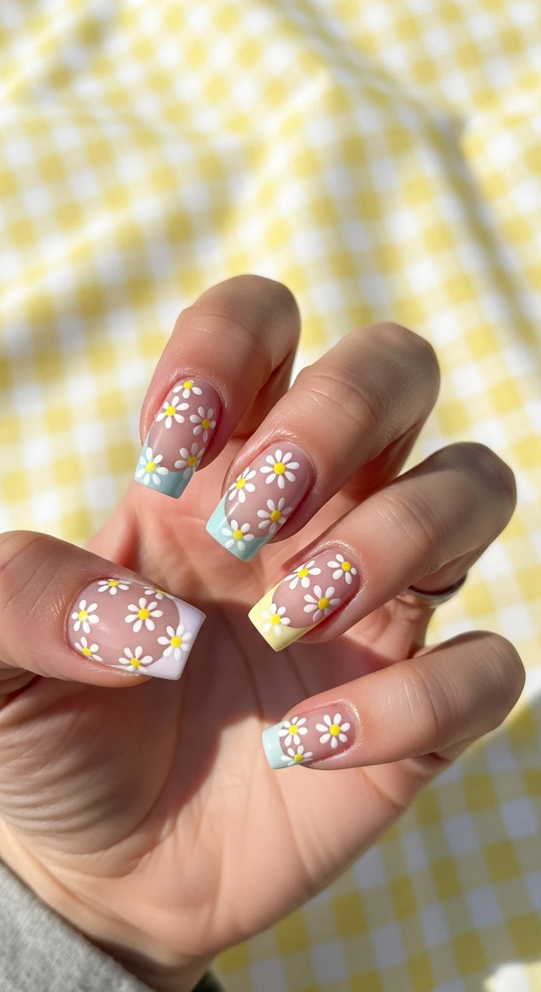 A beautiful macro photograph of one hand showing a pastel daisy French tip nail design in detail. The nails feature classic French tips painted in an array of soft spring pastels, adorned with meticulously painted tiny white daisies. High-resolution, sharp focus on the nails. Aesthetic background of a softly blurred pastel yellow gingham picnic blanket and gentle spring sunlight. Modern, Instagram-worthy photography style. No faces visible, focus ONLY on the nails and hand., macro nail photography, high quality, Instagram-worthy, clean composition