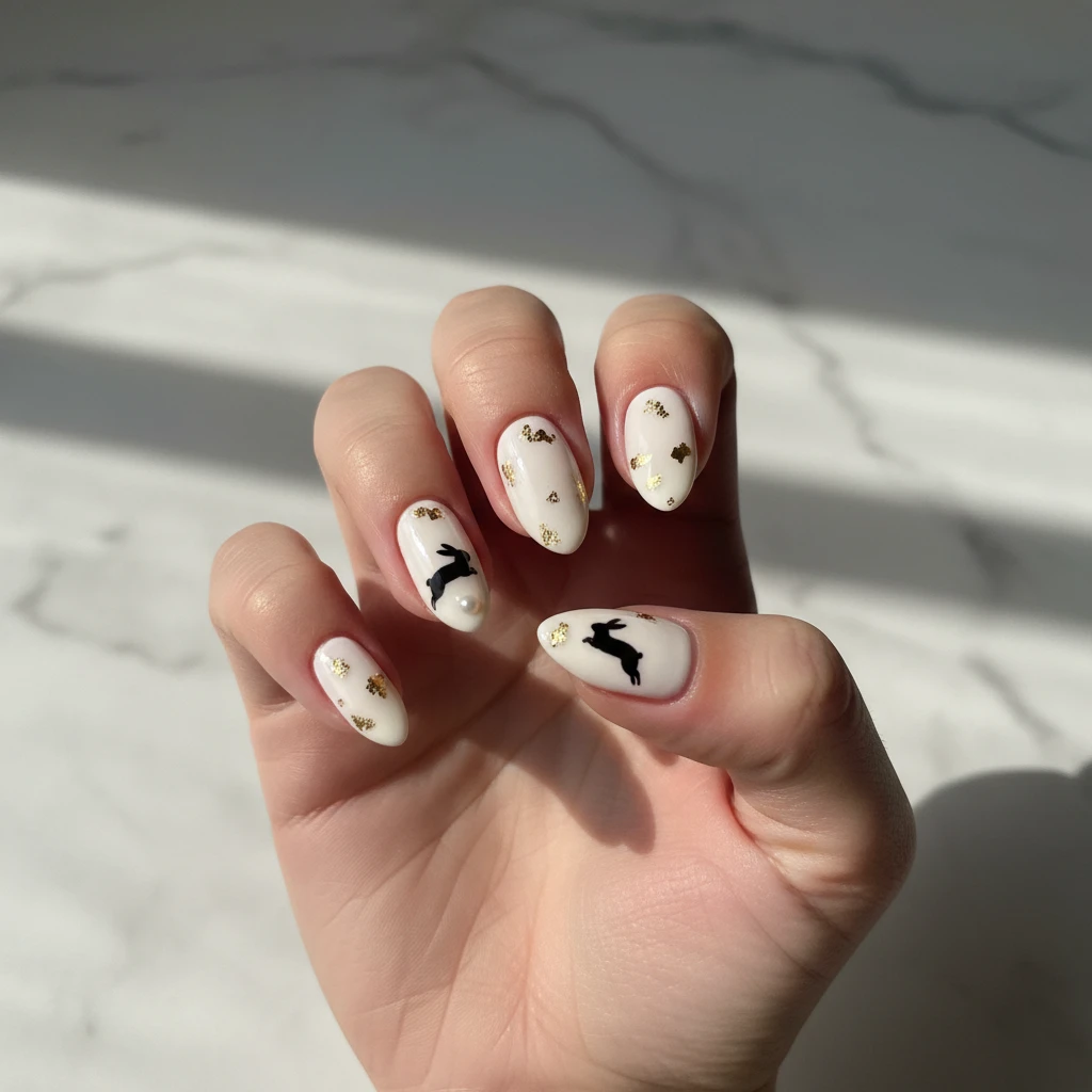 A beautiful macro photograph of one hand showing a detailed nail design featuring a creamy, minimalist base coat adorned with delicate gold foil flakes and elegant rabbit silhouettes. High-resolution, sharp focus on the nails. Aesthetic background of warm, blurred white marble with soft sunlight shadows. Modern, Instagram-worthy photography style. No faces visible, focus ONLY on the nails and hand., macro nail photography, high quality, Instagram-worthy, clean composition