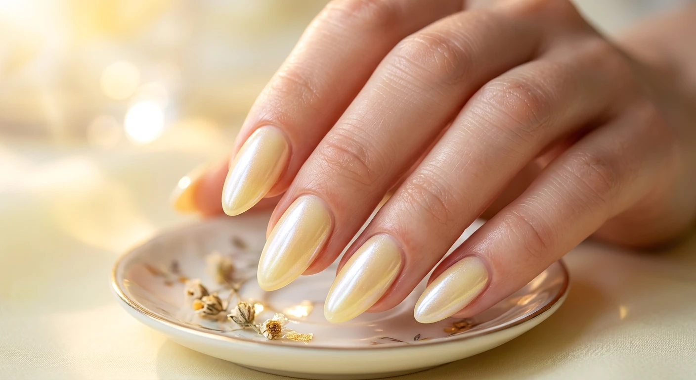 A beautiful macro photograph of one hand showing a detailed nail design on medium-length almond-shaped nails. The manicure features a soft, milky sheer yellow polish base topped with a pearlescent white chrome powder finish, creating an iridescent, glowing, frosted glazed donut lemon aesthetic. High-resolution, sharp focus on the nails. The aesthetic background is a dreamy, soft pastel yellow with glowing sunlight flares. Modern, Instagram-worthy photography style. No faces visible, focus ONLY on the nails and hand., macro nail photography, high quality, Instagram-worthy, clean composition