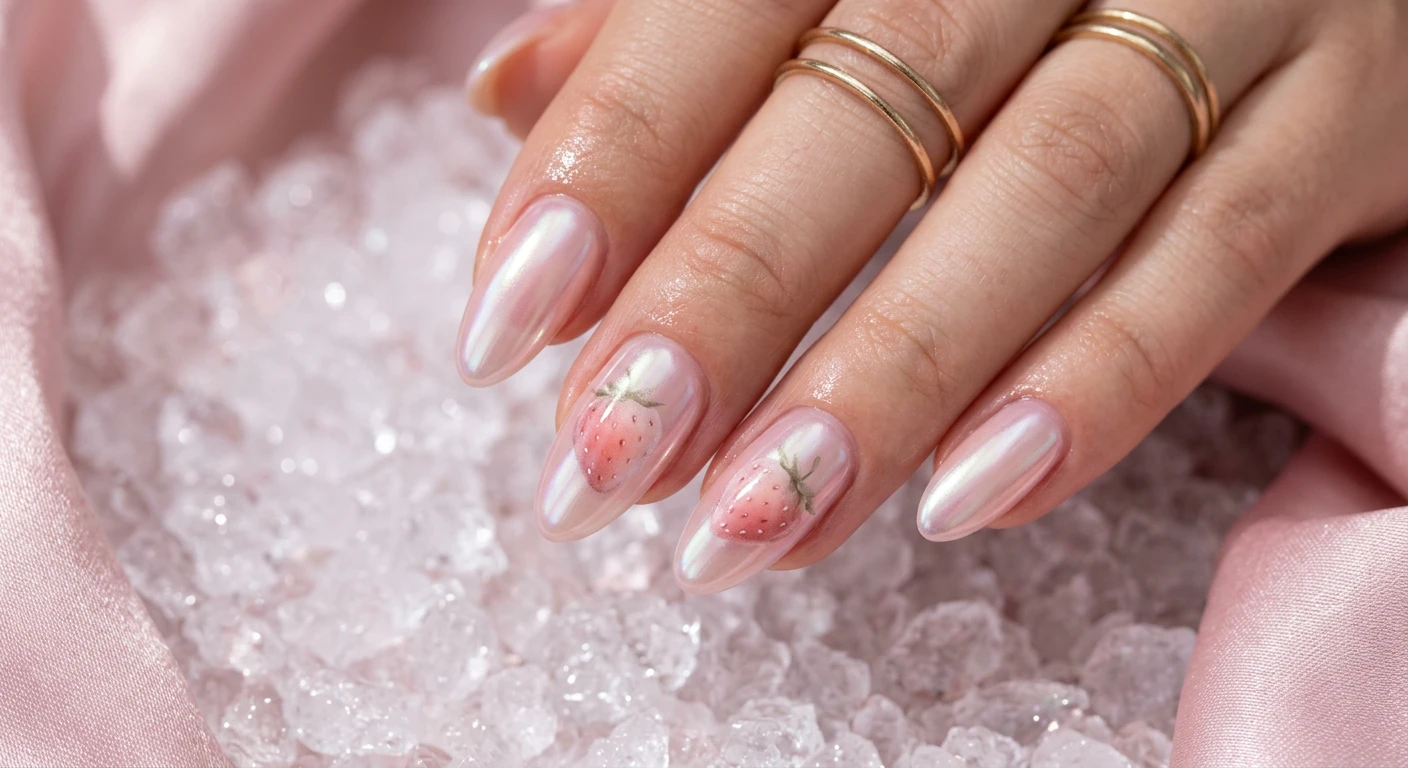 A beautiful macro photograph of one hand showing a nail design in detail, featuring medium almond shaped nails painted with a translucent, sheer pink jelly polish base and topped with an iridescent pearlescent chrome finish. The middle and ring fingers showcase subtle, softly blended painted strawberries embedded under the chrome layer for a frosty, glistening, juicy fruit effect. High-resolution, sharp focus on the nails. Aesthetic background of crushed ice and glistening pink satin. Modern, Instagram-worthy photography style. No faces visible, focus solely on the nails and hand., macro nail photography, high quality, Instagram-worthy, clean composition
