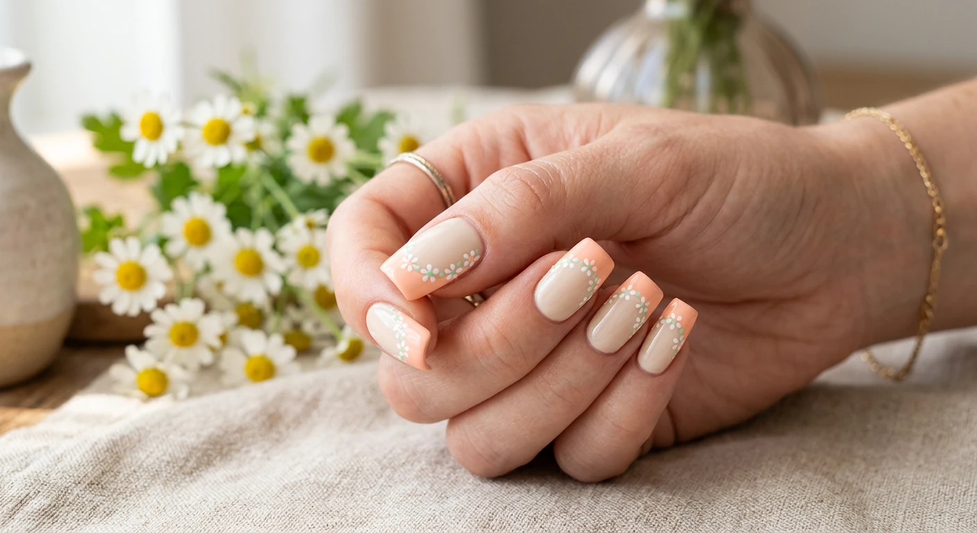 A beautiful macro photograph of one hand showing a nail design in detail, showcasing medium-length square nails with a creamy beige base and classic soft peach painted French tips, adorned with tiny white and pastel green hand-drawn daisies gracefully tracing the smile line. High-resolution, sharp focus on the nails, set against an aesthetic bright background with a softly blurred bouquet of fresh daisies. Modern, Instagram-worthy photography style, no faces visible, focus only on the nails and hand., macro nail photography, high quality, Instagram-worthy, clean composition