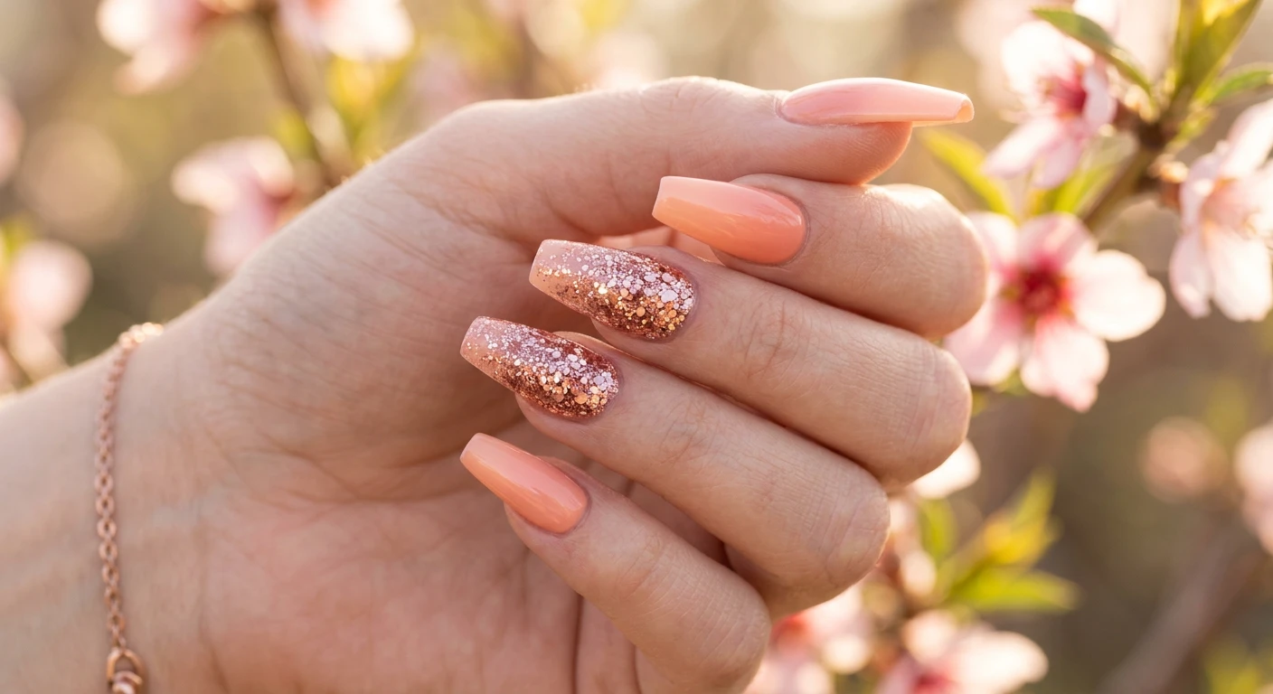 A beautiful macro photograph of one hand showing a flawless nail design in detail, no faces visible. Expertly structured coffin-shaped nails with a seamless, creamy peach-to-coral ombre base. The middle and ring fingers feature a cascading rose gold chunky glitter gradient, heavily packed at the cuticle line and delicately fading toward the tips. High-resolution, sharp focus on the nails. Modern, Instagram-worthy photography style, set against an aesthetic warm, sunlit background of fresh peach blossoms and soft shadows., macro nail photography, high quality, Instagram-worthy, clean composition