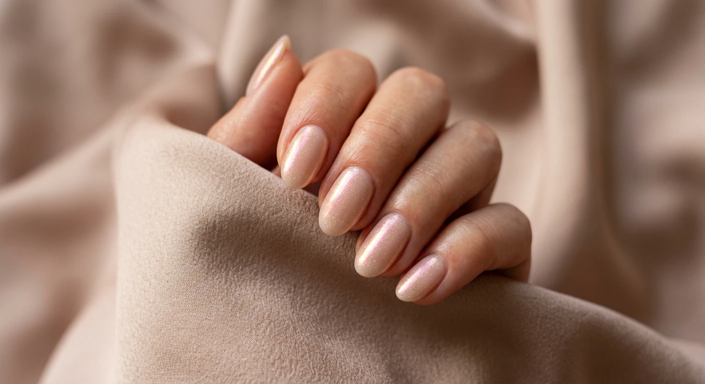 A beautiful macro photograph of one hand showing a nail design in detail, featuring a semi-transparent glazed sand base with a soft, iridescent hint of pearl powder. High-resolution, sharp focus on the nails. The aesthetic background features gently draped, neutral-toned silk fabric bathed in warm natural light. Modern, Instagram-worthy photography style. No faces visible, focus ONLY on the nails and hand., macro nail photography, high quality, Instagram-worthy, clean composition