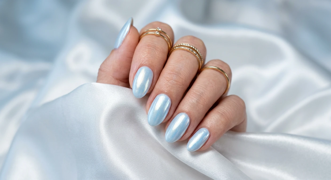 A beautiful macro photograph of one hand showing a glazed donut baby blue nail design in detail. The nails boast a pale baby blue polish topped with a high-shine, iridescent pearl chrome powder finish that brilliantly catches the light. High-resolution, sharp focus on the nails. The aesthetic background features sleek, glossy white silk fabric in complementary cool tones to emphasize the chrome shine. Modern, Instagram-worthy photography style with bright, reflective lighting. No faces visible, focus ONLY on the nails and hand., macro nail photography, high quality, Instagram-worthy, clean composition