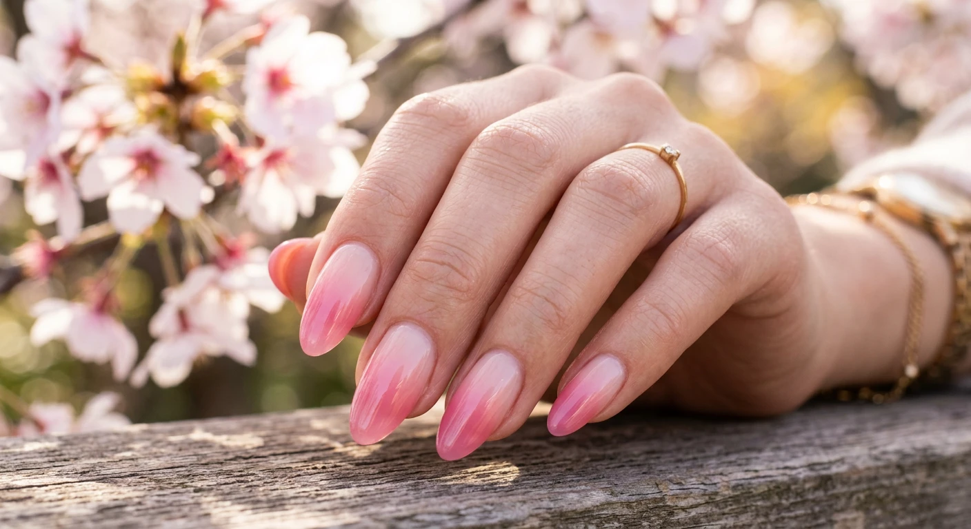 A beautiful macro photograph of one hand showing a nail design in detail, featuring a translucent, high-gloss jelly pink polish. The nails showcase a seamless ombre effect, fading gently from a sheer, milky cream at the cuticle to a vibrant, highly reflective cherry blossom syrup pink at the tips. High-resolution, sharp focus on the nails. Aesthetic background featuring softly blurred cherry blossom branches in the sunlight. Modern, Instagram-worthy photography style. No faces visible, focus ONLY on the nails and hand., macro nail photography, high quality, Instagram-worthy, clean composition