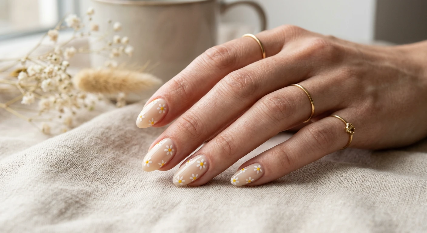 A beautiful macro photograph of one hand showing a creamy minimalist micro-daisy nail design in detail. High-resolution, sharp focus on the nails featuring a flawless sheer creamy beige base with tiny, perfectly painted minimalist white and yellow micro-daisies scattered gently across each nail. Aesthetic background of textured beige linen with soft, diffused morning daylight. Modern, Instagram-worthy photography style, no faces visible, focus ONLY on the nails and hand., macro nail photography, high quality, Instagram-worthy, clean composition