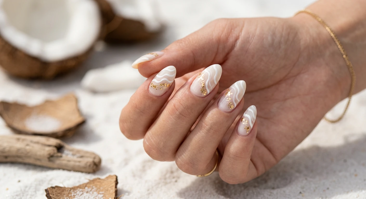 A beautiful macro photograph of one hand showing a Creamy Coconut & Gold Foil Waves nail design in detail. The nails have a soft, sheer beige and creamy coconut-white base adorned with smooth, organic, wavy lines painted in slightly opaque white, resembling the gentle crest of ocean waves. Embedded within the creamy waves near the cuticle are tiny, crushed metallic gold foil flakes. High-resolution, sharp focus on the nails. Set against an aesthetic background of softly blurred white sand and coconut shells. Modern, Instagram-worthy photography style. No faces visible, focus ONLY on the nails and hand., macro nail photography, high quality, Instagram-worthy, clean composition