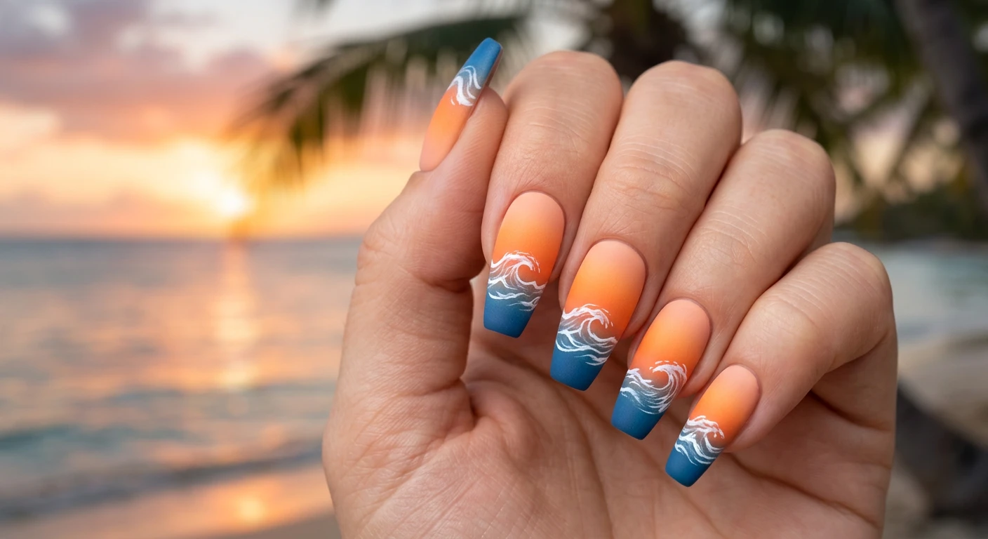 A beautiful macro photograph of one hand showing a nail design in detail. Medium coffin-shaped nails showcase a flawless matte ombre gradient transitioning from soft peach at the cuticle to vibrant tangerine in the middle, fading into deep ocean blue at the tip. White wispy wave lines crash across the center exactly where the orange meets the blue. The background features a soft, blurred tropical sunset over the ocean. High-resolution, sharp focus on the nails, modern Instagram-worthy photography style, no faces visible., macro nail photography, high quality, Instagram-worthy, clean composition