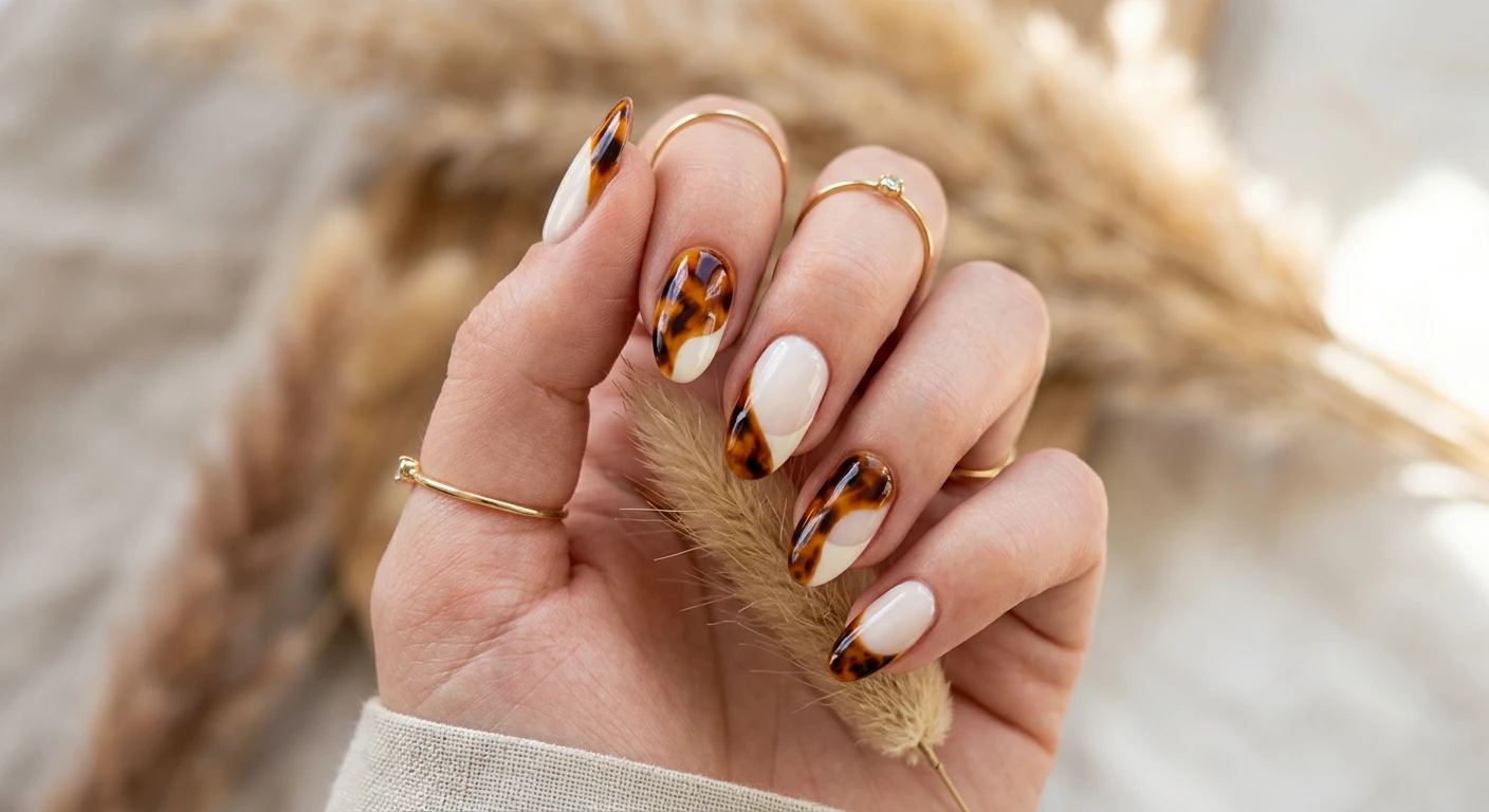 A beautiful macro photograph of one hand showing a Tortoiseshell and Cream French Tips nail design in detail. The nails showcase a modern take on the French manicure, featuring a split tip design with rich, glossy amber and black tortoiseshell patterns paired with smooth creamy white accents. High-resolution, sharp focus on the nails. The aesthetic background is a subtly blurred composition of warm neutrals and dried pampas grass. Modern, Instagram-worthy photography style. No faces visible, focus ONLY on the nails and hand., macro nail photography, high quality, Instagram-worthy, clean composition