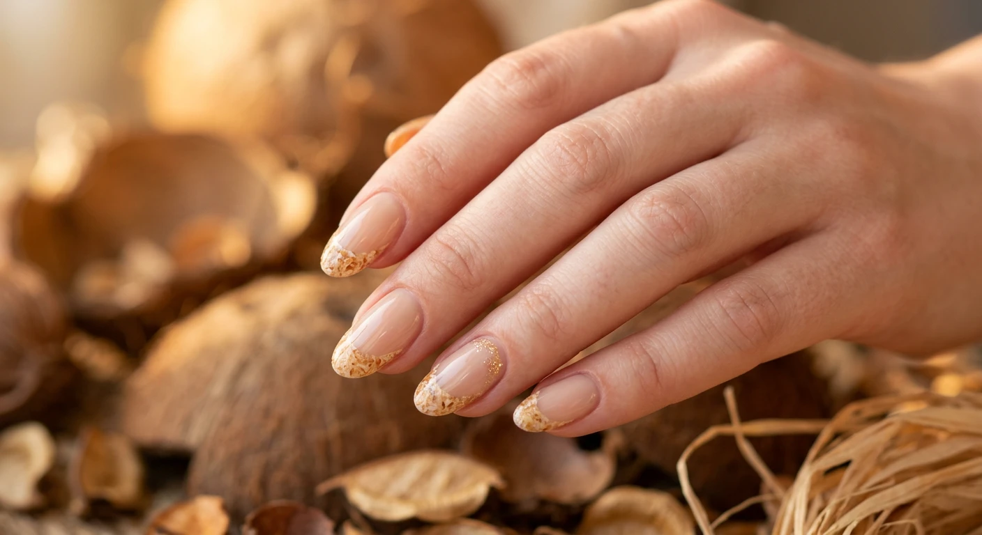 A beautiful macro photograph of one hand showing a Toasted Coconut Rum French Tip nail design in detail, featuring a sheer beige base with warm, toasted brown and golden tan French tips subtly resembling toasted coconut flakes. High-resolution, sharp focus on the nails. Aesthetic background of blurred dried coconut shells with warm golden hour lighting. Modern, Instagram-worthy photography style. No faces visible, focus ONLY on the nails and hand., macro nail photography, high quality, Instagram-worthy, clean composition