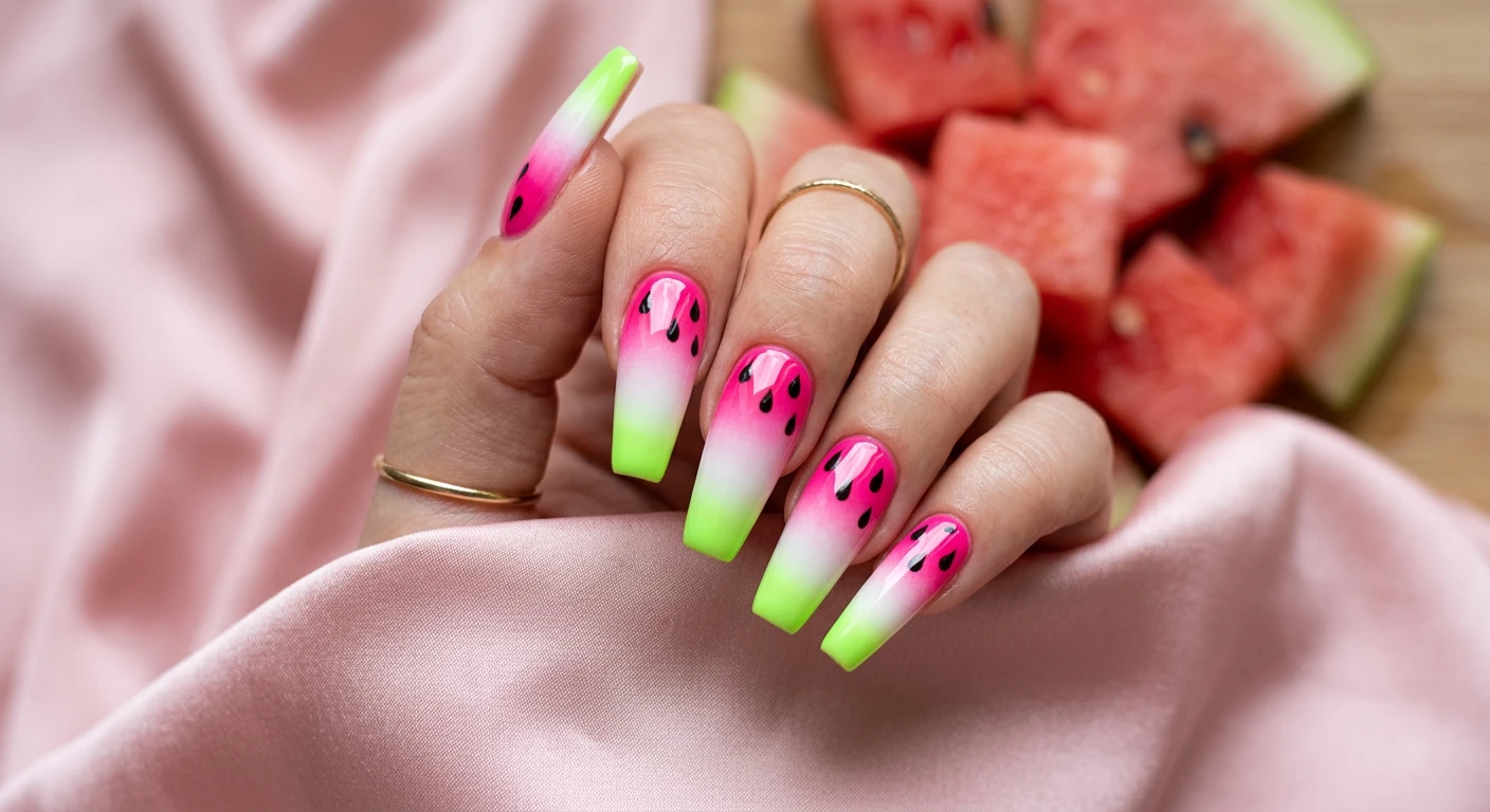 A beautiful macro photograph of one hand showing a nail design in detail. Long coffin-shaped nails showcasing a flawless vertical ombre gradient starting from vibrant hot pink at the cuticle, fading into a crisp white center, and ending with a neon lime green tip. Delicate black tear-drop shaped seeds are hand-painted over the pink portion, sealed with a high-gloss finish. High-resolution, sharp focus on the nails. Aesthetic background featuring fresh watermelon cubes and soft pink silk. Modern, Instagram-worthy photography style. No faces visible, focus ONLY on the nails and hand., macro nail photography, high quality, Instagram-worthy, clean composition