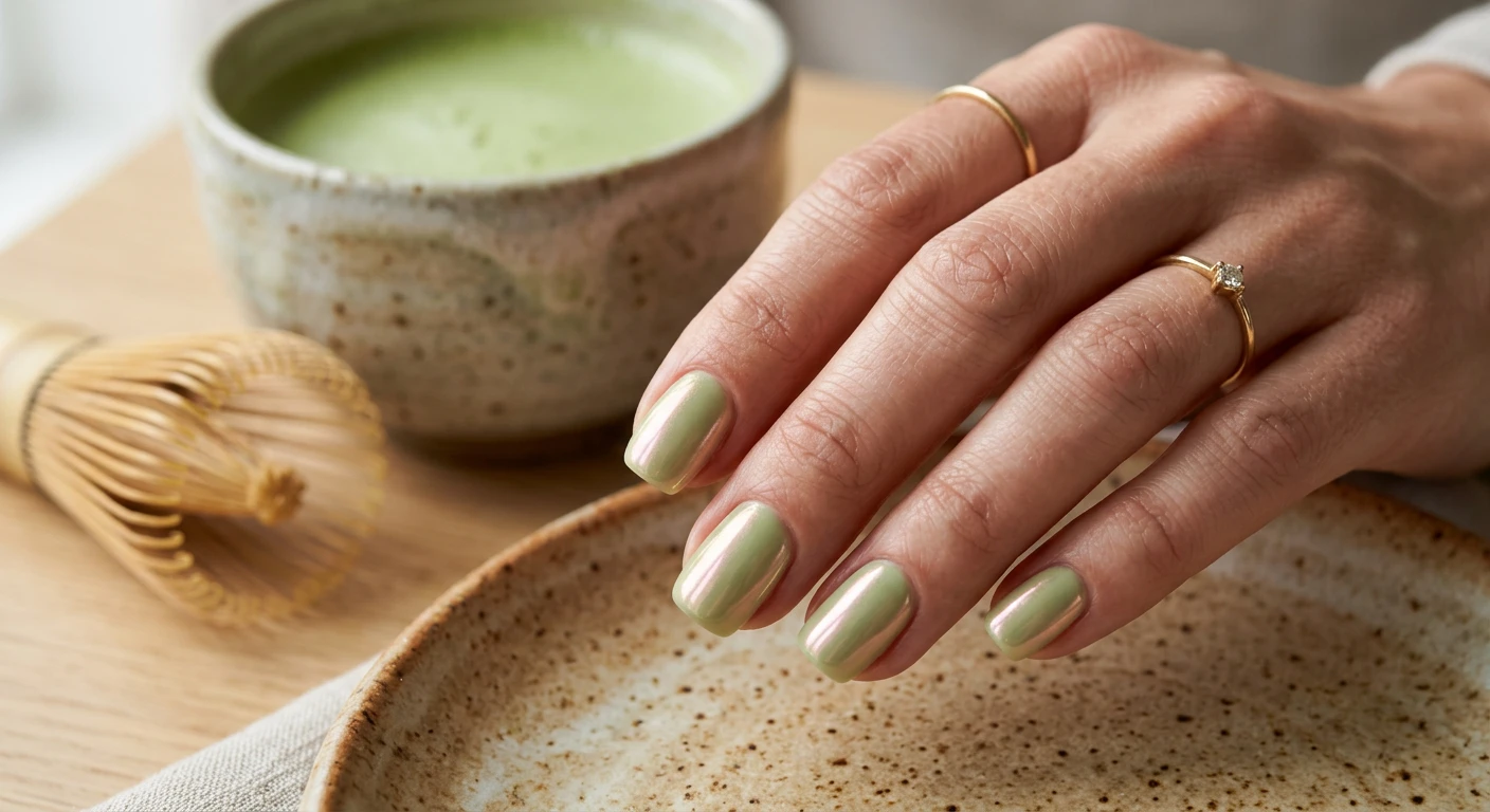 A beautiful macro photograph of one hand showing a nail design in detail. Short, softly rounded square (squoval) nails with a creamy, muted matcha-green base topped with an ultra-fine, iridescent pearl chrome powder. The finish is a high-shine, glazed donut reflection that shifts pink and gold in the light. High-resolution, sharp focus on the nails. Aesthetic background featuring soft morning sunlight and a blurred matcha latte with ceramic textures. Modern, Instagram-worthy photography style. No faces visible, focus ONLY on the nails and hand., macro nail photography, high quality, Instagram-worthy, clean composition