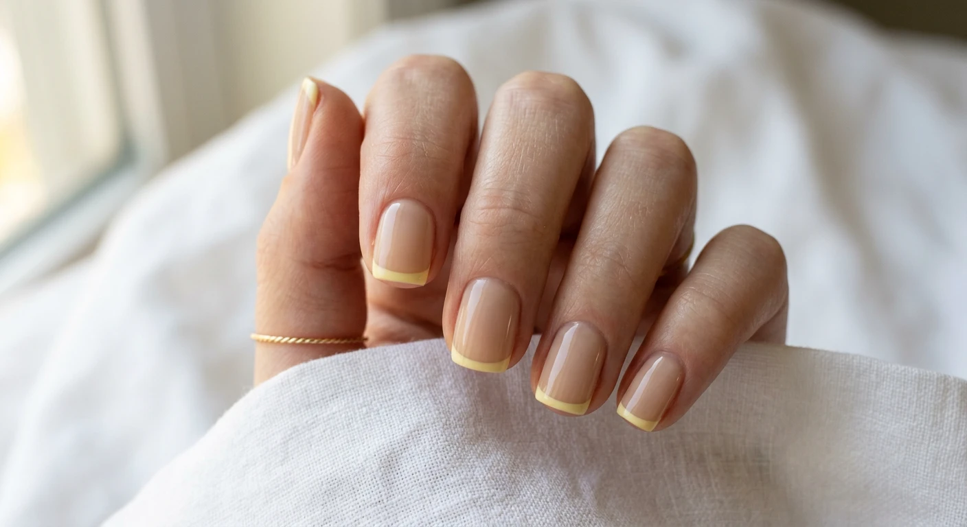 A beautiful macro photograph of one hand showing a nail design in detail. Short square shape nails with a sheer, glossy beige base color covering the nail bed, accented by an ultra-thin, precise butter yellow line painted along the very tip of the nail. Clean, minimalist, and finished with a highly glossy, crystal-clear top coat. Aesthetic background of crisp white linen bathed in soft, natural sunlight. High-resolution, sharp focus on the nails, modern Instagram-worthy photography style, no faces visible, focus ONLY on the nails and hand., macro nail photography, high quality, Instagram-worthy, clean composition
