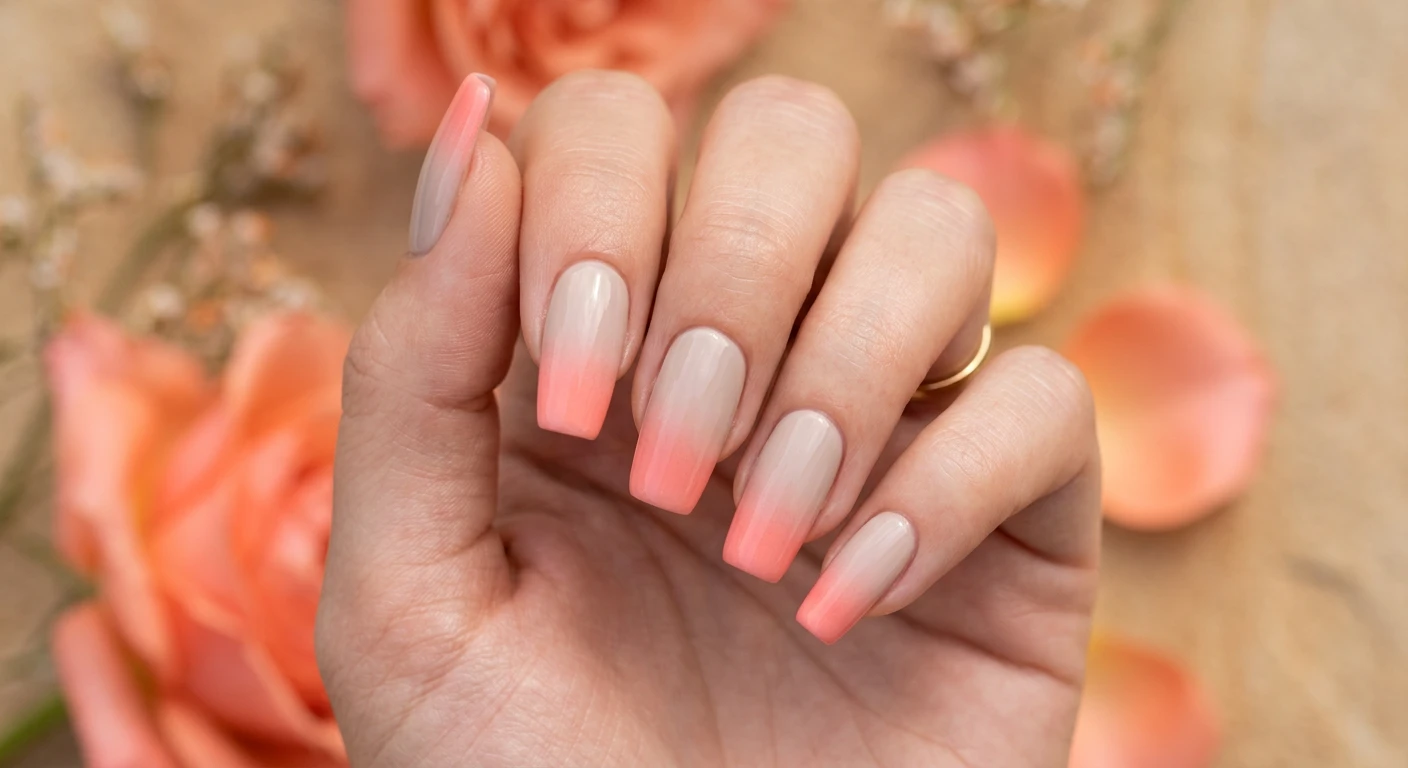 A beautiful macro photograph of one hand showing a nail design in detail, featuring sleek, long squoval nails with a flawless, cool-toned beige base that seamlessly transitions into a diffused soft coral gradient at the tips. High-resolution, sharp focus on the smooth ombré effect. Aesthetic background of soft coral-colored petals and warm beige sandstone. Modern, Instagram-worthy photography style. No faces visible, focus ONLY on the nails and hand., macro nail photography, high quality, Instagram-worthy, clean composition