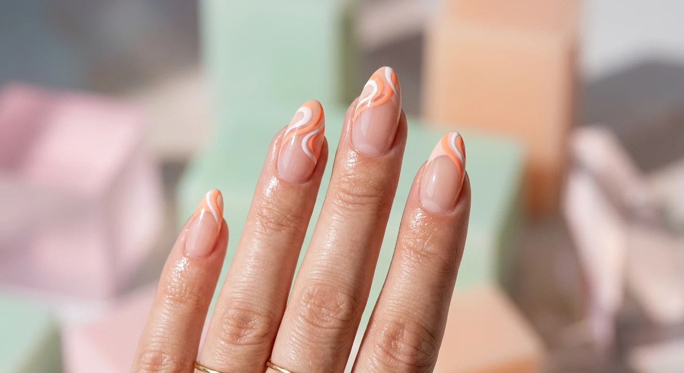 A beautiful macro photograph of one hand showing an Abstract Swirl Double French nail design in detail. The almond-shaped nails feature a glossy clear base decorated with two fluid, swirling lines at the tips in contrasting spring colors like peach and bright white. High-resolution, sharp focus on the nails. The aesthetic background features smooth, blurred pastel acrylic blocks and artistic soft shadows. Modern, Instagram-worthy photography style. No faces visible, focus ONLY on the nails and hand., macro nail photography, high quality, Instagram-worthy, clean composition